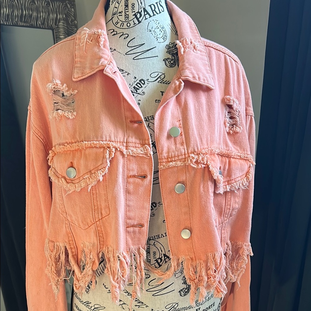 NWT Distressed Coral Denim Jacket